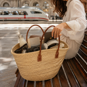large moroccan palm leaf tote bag – handmade straw beach & travel bag with leather handles