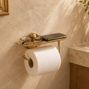 brass toilet paper holder with shelf