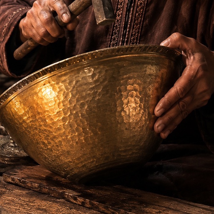 Hand-hammered brass basin held by the artisan who made it