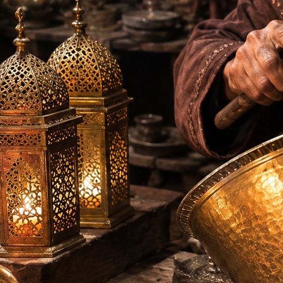Two golden pierced brass lanterns glowing in the workshop