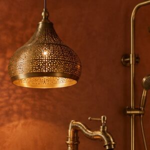 Pierced brass pendant light with intricate openwork pattern