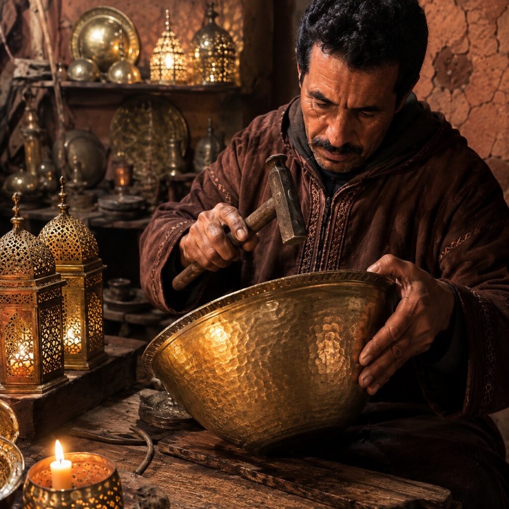 Moroccan artisan hand-hammering a brass bowl surrounded by pierced lanterns